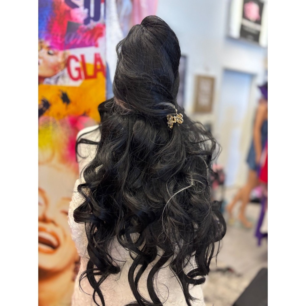 Long Curly Black Lace Front Wig with Blonde Face Framing Highlights 24 Inch
